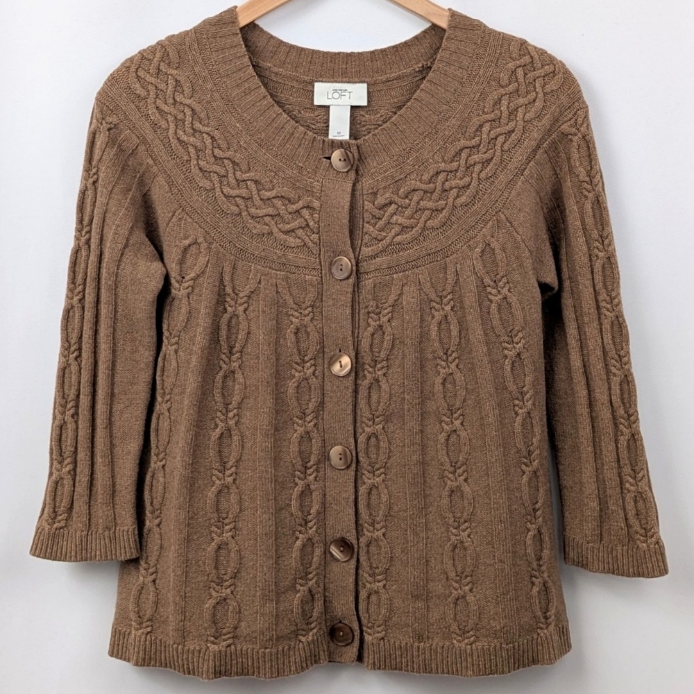 Ann Taylor Loft Cardigan Sweater Cable Knit Cashmere Blend Button Front Brown M - Picture 10 of 10